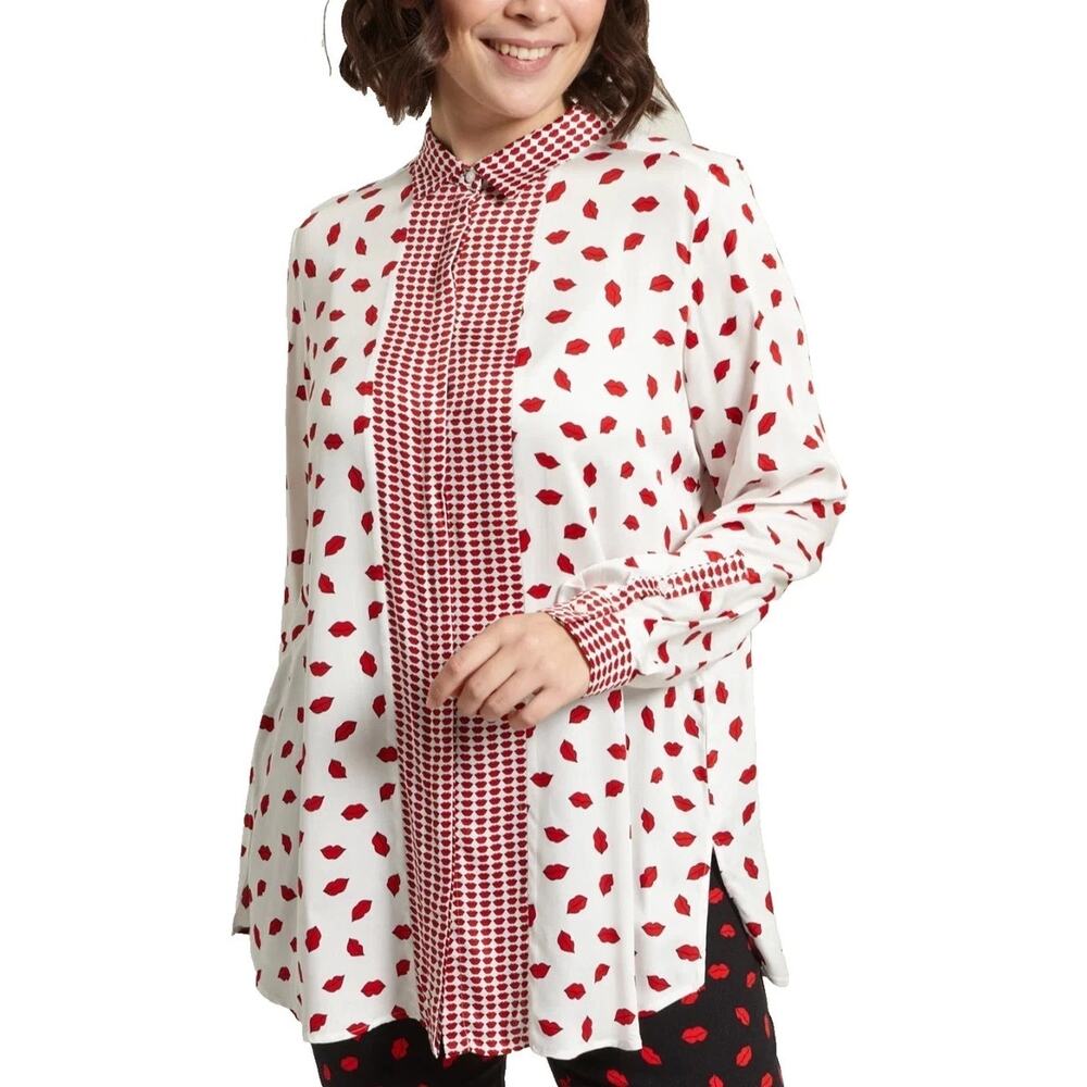 NWT Marina Rinaldi Red Lips Print Shirt White US 20 Romantic Event Old Money